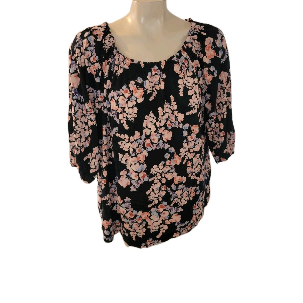 J. Jill Floral Tunic Top XL Black Pink Purple 3/4 Sleeve Cotton Modal Scoop Neck